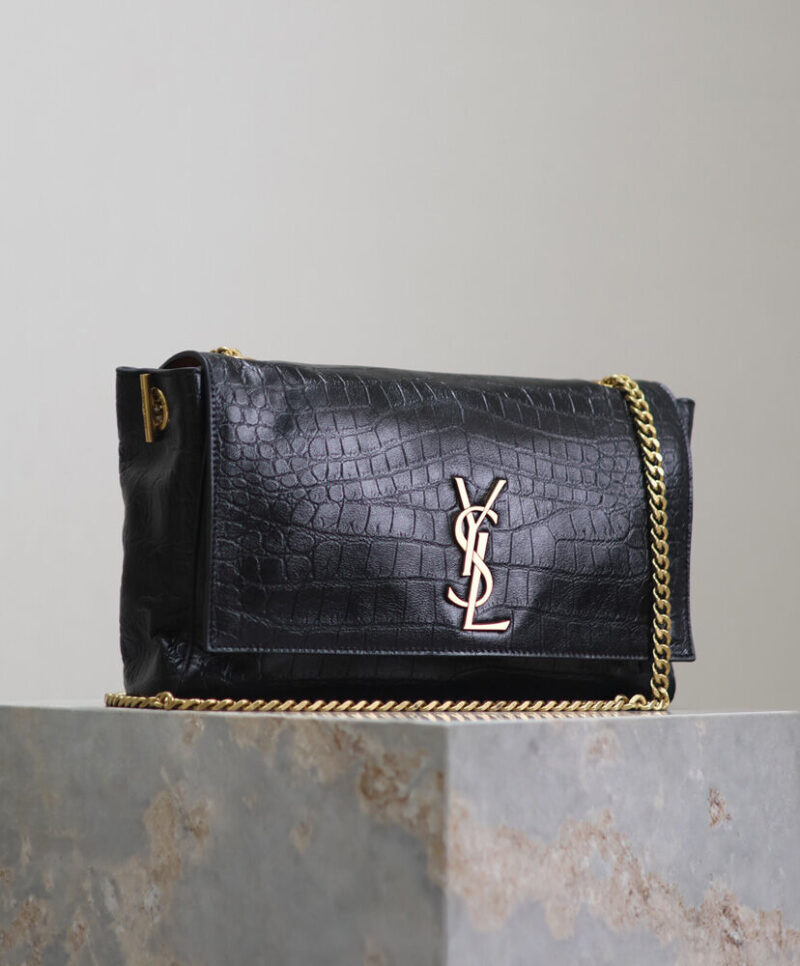 Saint Laurent Reversible Kate Medium In Crocodile-Embossed Leather Black